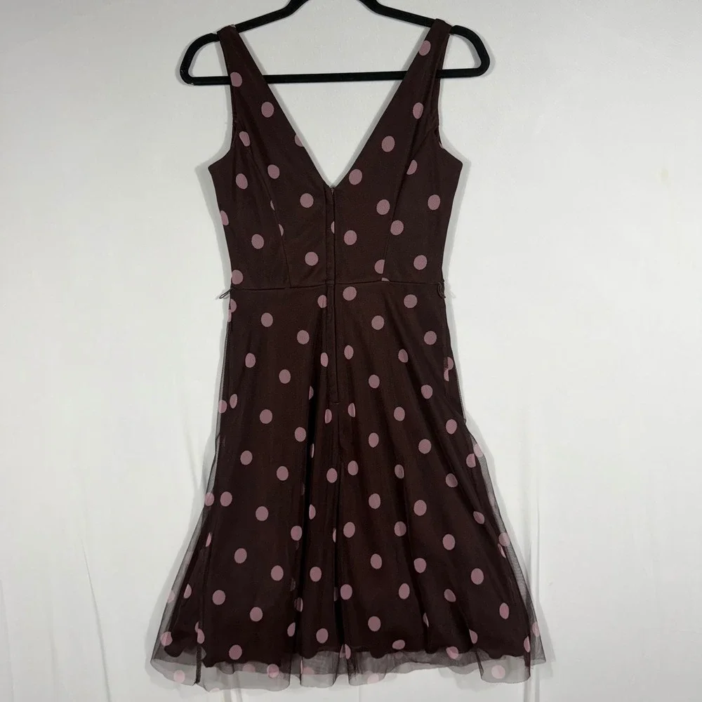 Vtg 90s Y2K A. Byer Midi Dress Sm Brown Pink Polka Dot Mesh Overlay Fit & Flare - Picture 3 of 6